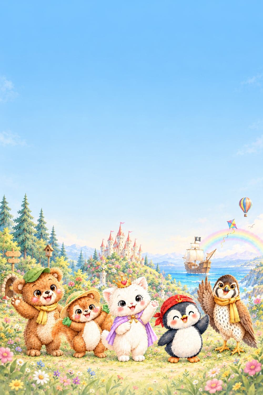 Leo the bear cub, Sam the squirrel and Mia the kitten in a meadow, with the pirate penguin and Falco the falcon on the shore below