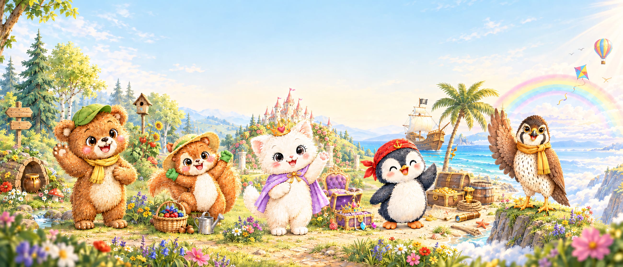 Leo the bear cub, Sam the squirrel, Mia the kitten, the pirate penguin and Falco the falcon